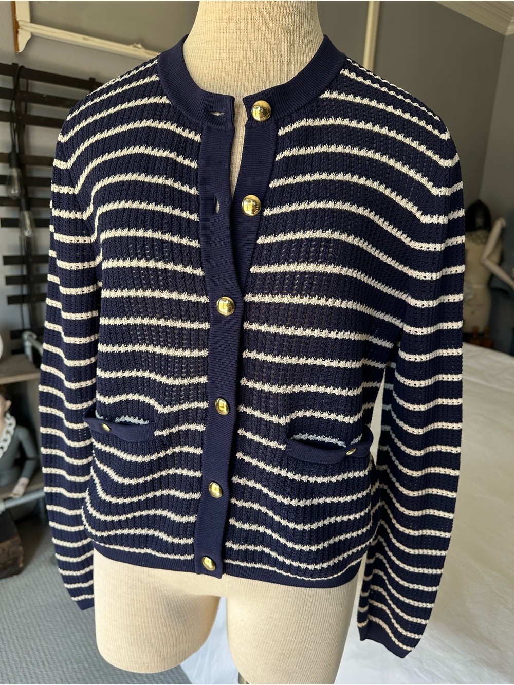 rag & bone Navy and White Striped Gold-Button Cardigan, size medium - Picture 5 of 14